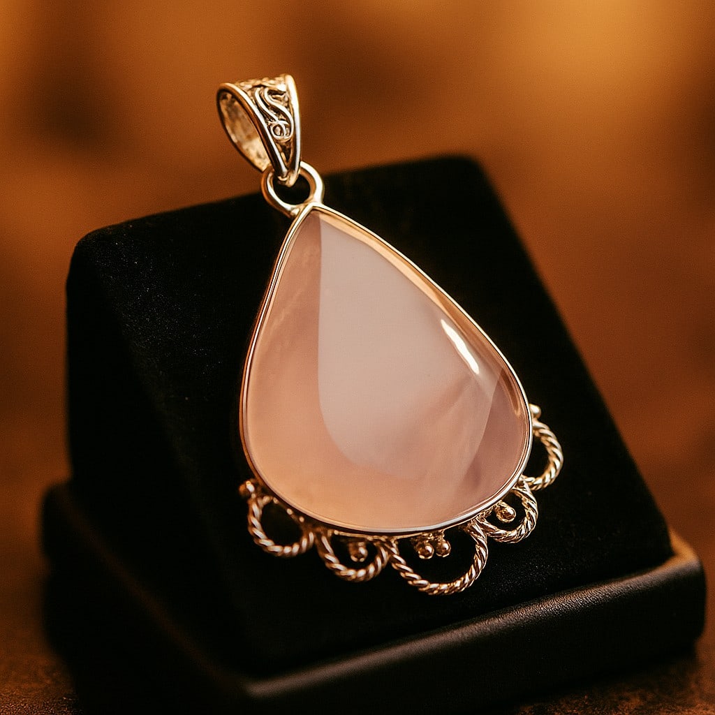 ROSE QUARTZ 92.5 STERLING SILVER PENDANT: ROSE QUARTZ 92.5 STERLING SILVER PENDANT Product Type : PENDANT Main Stone : ROSE QUARTZ Main Stone Color : PINK Metal : STERLING SILVER Metal Purity : 925 Pendant Size : 1.2" Inches Pendant Weight : 