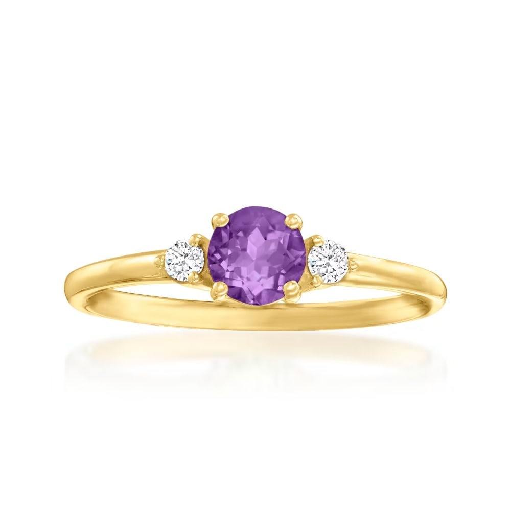 Amethyst & Diamond Gemstone 14k Yellow Gold Ring: Amethyst & Diamond Gemstone 14k Yellow Gold Ring Jewelry Type : Ring Main Stone : Amethyst & Diamond Main Stone Shape and Size : Round 5 MM (1 Piece) , Round 1.5 MM (2 Pieces) Main Stone Color : Purpl