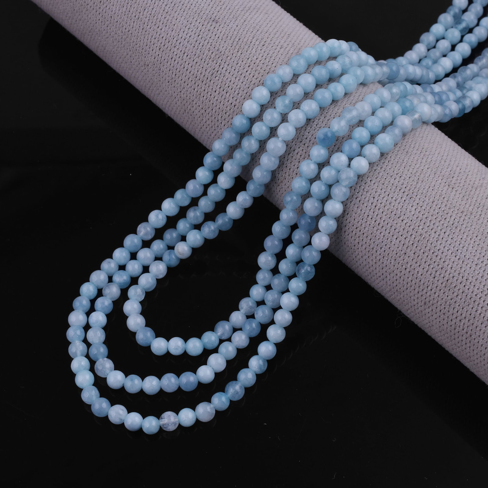 Natural Aquamarine Necklace 4 MM Round Smooth 3 String Beads Gemstone (1 of 5)