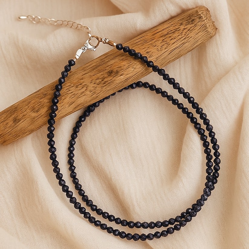 Natural Blue Sandstone Gemstone 3 MM Round Micro Faceted Beads Necklace: Natural Blue Sandstone Gemstone 3 MM Round Micro Faceted Beads Necklace Gemstone : Blue Sandstone Shape : Round Beads Beads Size : 3 MM Beads Type : Micro Faceted Necklace Length : 17.5 Inches + 2.