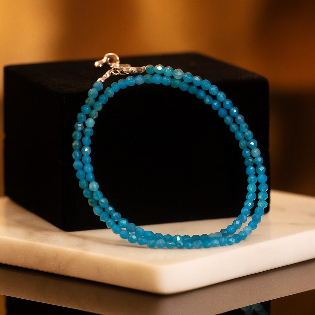 Natural Blue Apatite Gemstone 3 MM Round Micro Faceted Beads Necklace: Natural Blue Apatite Gemstone 3 MM Round Micro Faceted Beads Necklace Gemstone : Blue Apatite Shape : Round Beads Beads Size : 3 MM Beads Type : Micro Faceted Necklace Length : 17.5 Inches + 2.5 In