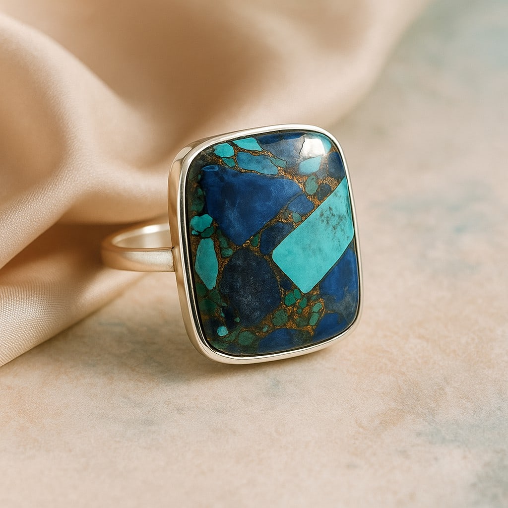 COPPER SHATTUCKITE 925 STERLING SILVER RING: COPPER SHATTUCKITE 925 STERLING SILVER RING Product Type : RING Main Stone : COPPER SHATTUCKITE Main Stone Shape : CUSHION Main Stone Size : 21X18 MM Main Stone Color : MULTICOLOR Metal : STERLING SIL