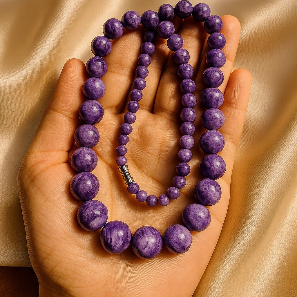 Natural Charoite Gemstone Round Smooth Beads Necklace: Natural Charoite Gemstone 6.5 - 16 MM Round Beads Necklace Jewelry Type : Necklace Gemstone : Charoite Gemstone Shape and Size : Round 6.5 - 16 MM Necklace Length : 22 Inches Necklace Weight