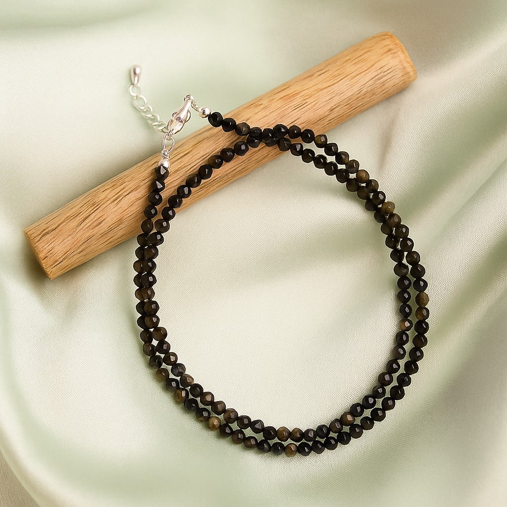Natural Golden Obsidian Gemstone 3 MM Round Micro Faceted Beads Necklace (1 of 7)