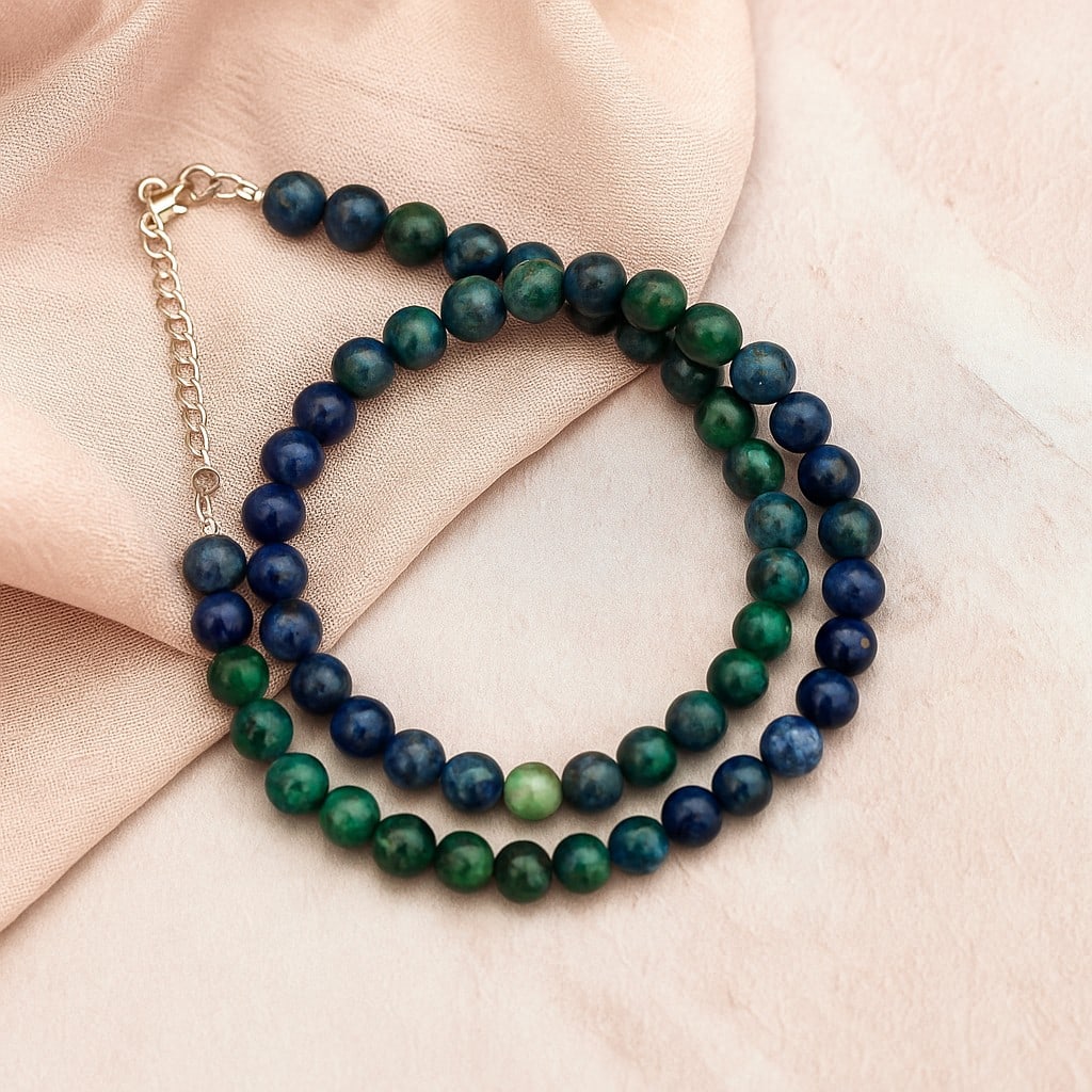 Natural Azurite Malachite 8 MM Round Smooth Beads Necklace: Natural Azurite Malachite 8 MM Round Smooth Beads Necklace Gemstone : Azurite Malachite Shape : Round Beads Beads Size : 8 MM Beads Type : Smooth Necklace Length : 17.5 Inches + 2.5 Inches Adjustab