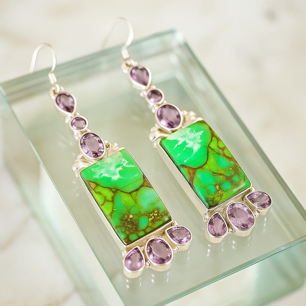 COPPER TURQUOISE & AMETHYST STERLING SILVER EARRING: COPPER TURQUOISE & AMETHYST STERLING SILVER EARRING Product Type : EARRING Main Stone : GREEN COPPER TURQUOISE, AMETHYST Main Stone Shape : OCTAGON Main Stone Size : 13X22 MM Main Stone Color : MULTIC