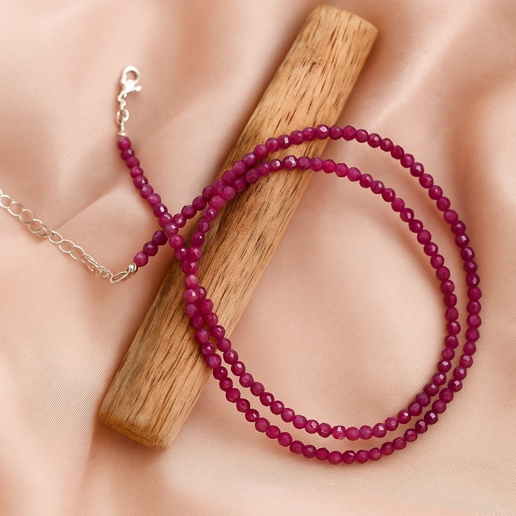 Natural Ruby Gemstone 3 MM Round Micro Faceted Beads Necklace: Natural Ruby Gemstone 3 MM Round Micro Faceted Beads Necklace Gemstone : Ruby Shape : Round Beads Beads Size : 3 MM Beads Type : Micro Faceted Necklace Length : 17.5 Inches + 2.5 Inches Adjustable