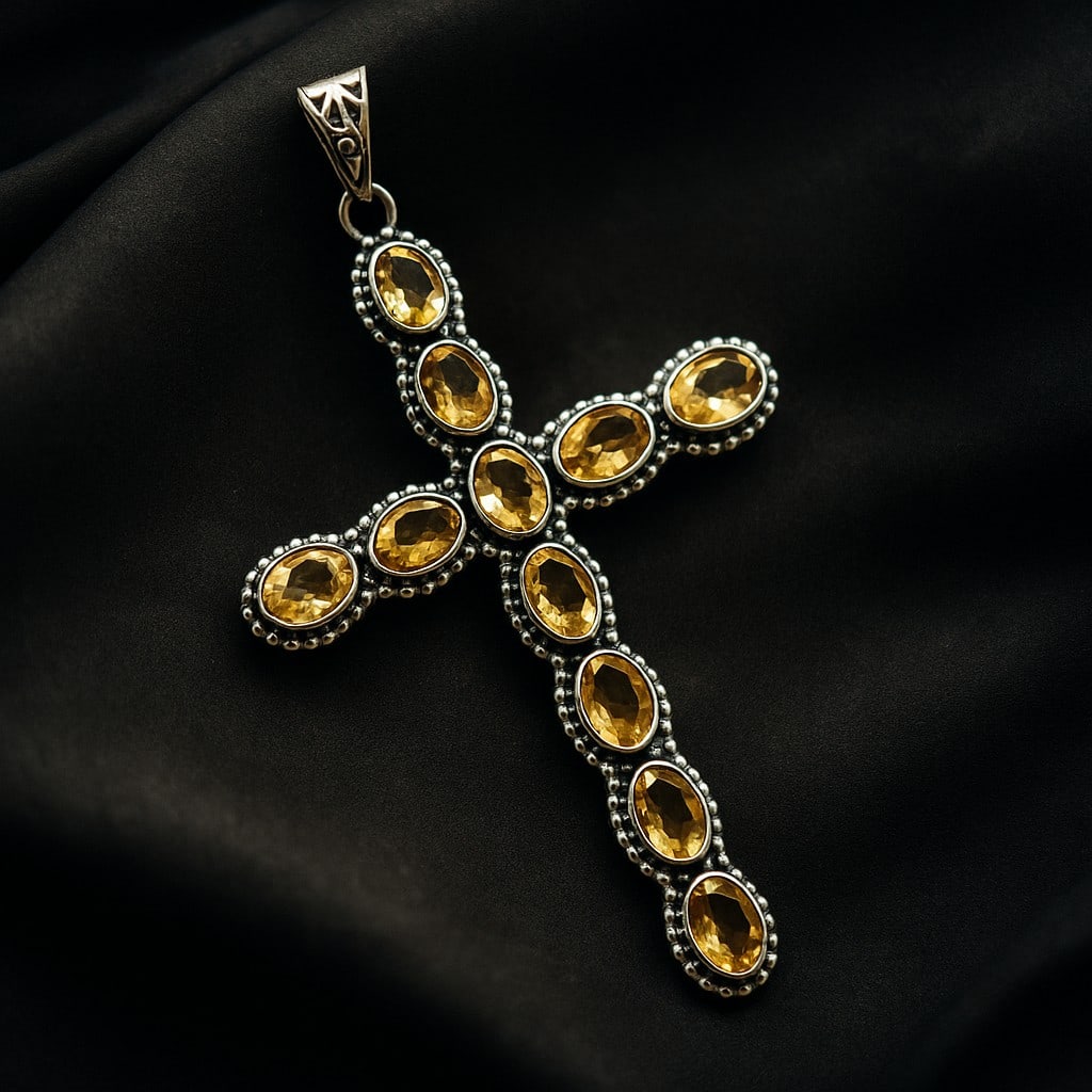 CITRINE CROSS CHARM 92.5 STERLING SILVER PENDANT: CITRINE CROSS CHARM 92.5 STERLING SILVER PENDANT Product Type : PENDANT Main Stone : CITRINE Main Stone Color : YELLOW Metal : STERLING SILVER Metal Purity : 925 Pendant Size : 3" Inches Pendant Weigh