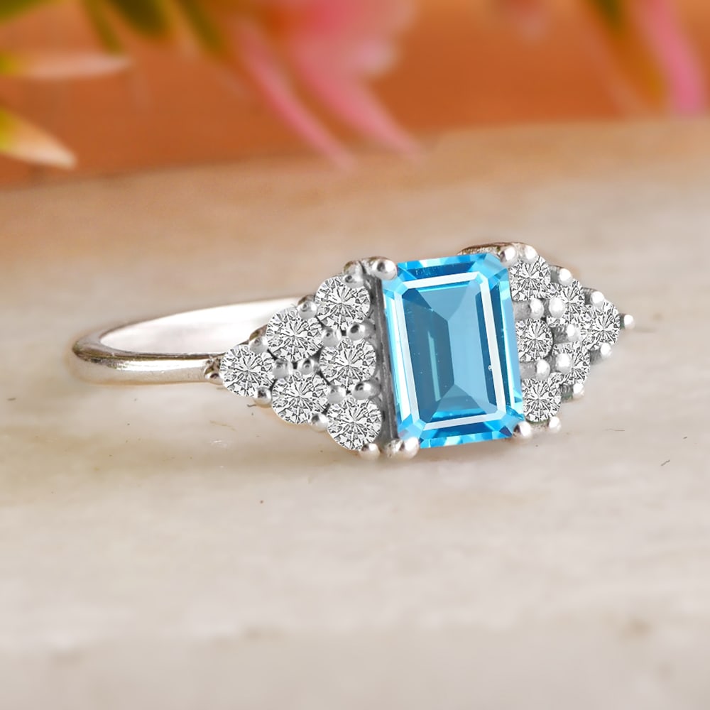 Natural Blue Topaz & Diamond 14 KT White Gold Ring (1 of 4)