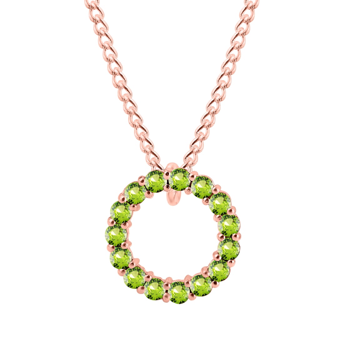 Natural Peridot 14 KT Rose Gold Pendant Ring Shape: Natural Peridot 14 KT Rose Gold Pendant Ring Shape Jewelry Type : Pendant Main Stone : Peridot Main Stone Shape & Size : Round 2 MM (15 PIECES) Main Stone Color : Green