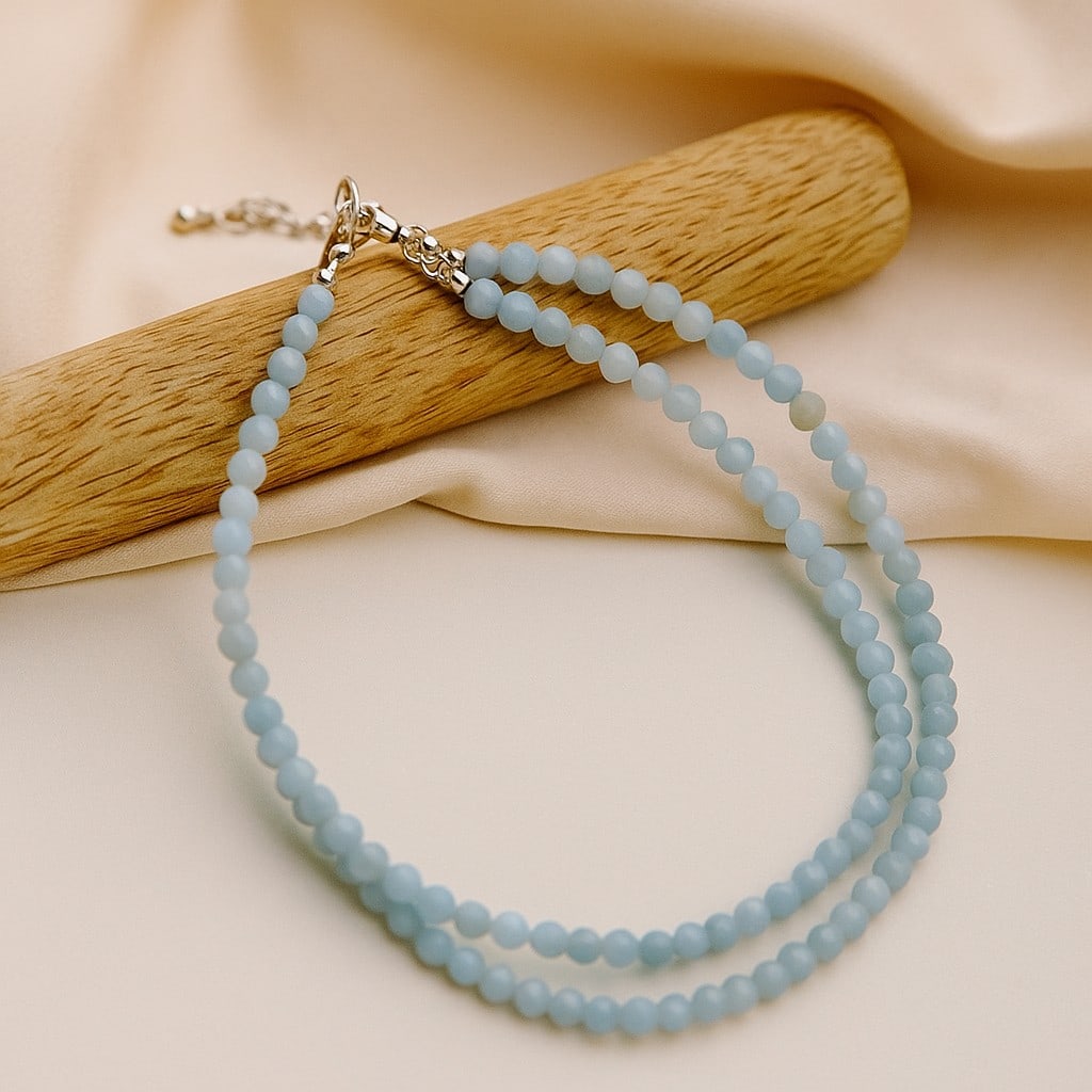 Natural Angelite Gemstone 3 MM Round Micro Faceted Beads Necklace: Natural Angelite Gemstone 3 MM Round Micro Faceted Beads Necklace Gemstone : Angelite Shape : Round Beads Beads Size : 3 MM Beads Type : Micro Faceted Necklace Length : 17.5 Inches + 2.5 Inches Adj
