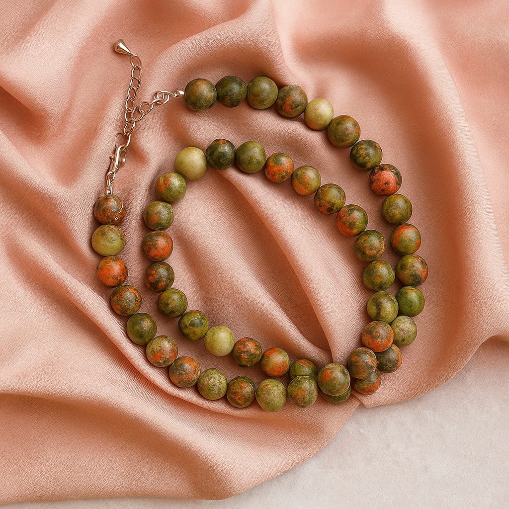 Natural Unakite 8 MM Round Smooth Beads Necklace: Natural Unakite 8 MM Round Smooth Beads Necklace Gemstone : Unakite Shape : Round Beads Beads Size : 8 MM Beads Type : Smooth Necklace Length : 17.5 Inches + 2.5 Inches Adjustable Chain