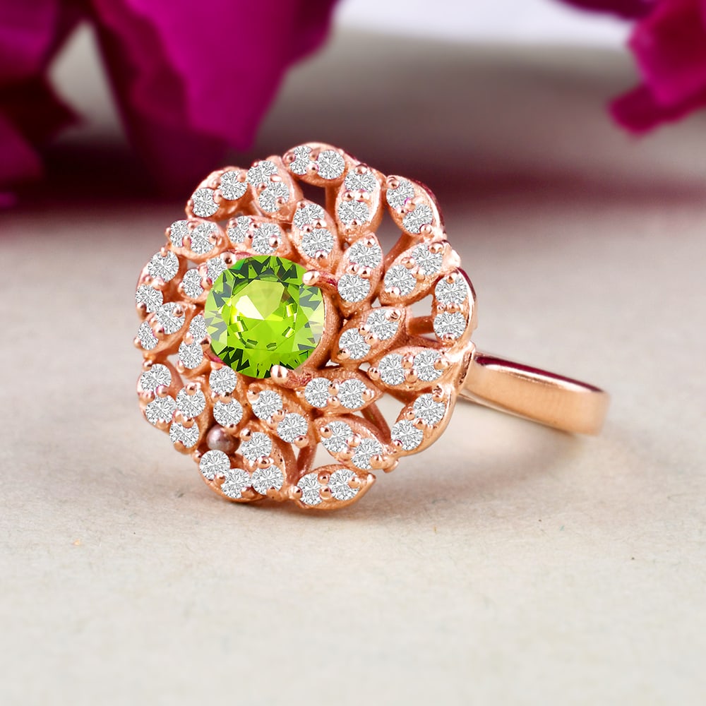 Natural Peridot & Diamond 14 KT Rose Gold Ring: NATURAL PERIDOT GEMSTONE & DIAMOND 14 KT ROSE GOLD RING JEWELRY TYPE : RING MAIN STONE : PERIDOT MAIN STONE SHAPE & SIZE : ROUND 5 MM DIAMOND SHAPE & SIZE: ROUND 1.25 MM MAIN STONE COLOR : GREEN