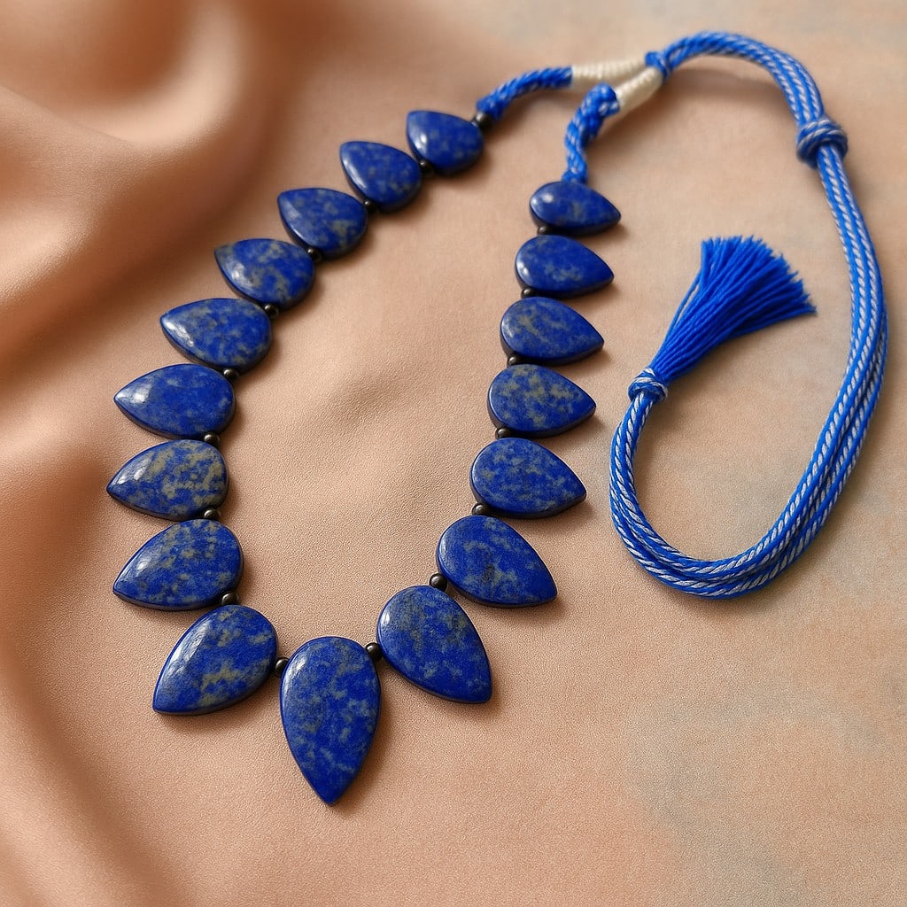 Natural Lapis Lazuli Gemstone Hand Carved Necklace: Natural Lapis Lazuli Gemstone Hand Carved Necklace Gemstone : Lapis Lazuli Necklace Weight : 425 Carats. Country of Origin : Afghanistan Country of Manufacture : India Treatment : None Necklace Length