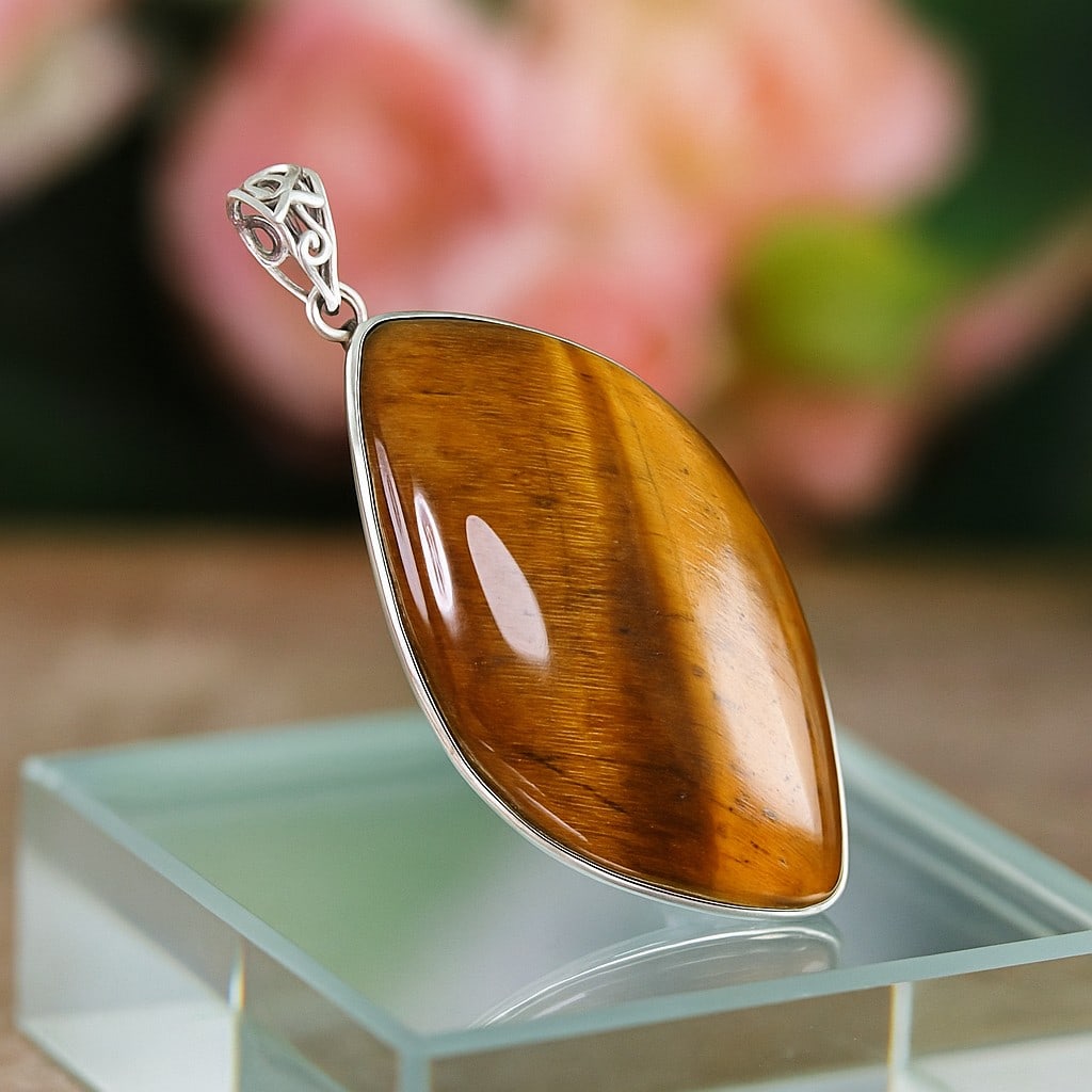 TIGER'S EYE 925 STERLING SILVER PENDANT: TIGER'S EYE 925 STERLING SILVER PENDANT Product Type : PENDANT Main Stone : TIGER'S EYE Main Stone Color : BROWN Metal : STERLING SILVER Metal Purity : 925 Pendant Size : 2.5" Inches Pendant Weight : 