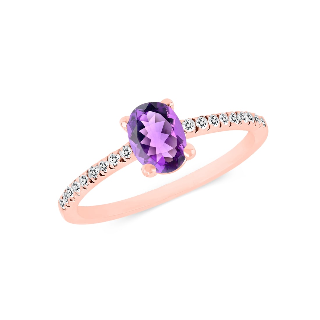 Natural Amethyst & Diamond 14 KT Rose Gold Ring: Natural Amethyst & Diamond 14 KT Rose Gold Ring Jewelry Type : Ring Main Stone : Amethyst Main Stone Shape & Size : Oval 7x5 MM Main Stone Color : Purple Diamond Shape & Size : Round 1.25 MM