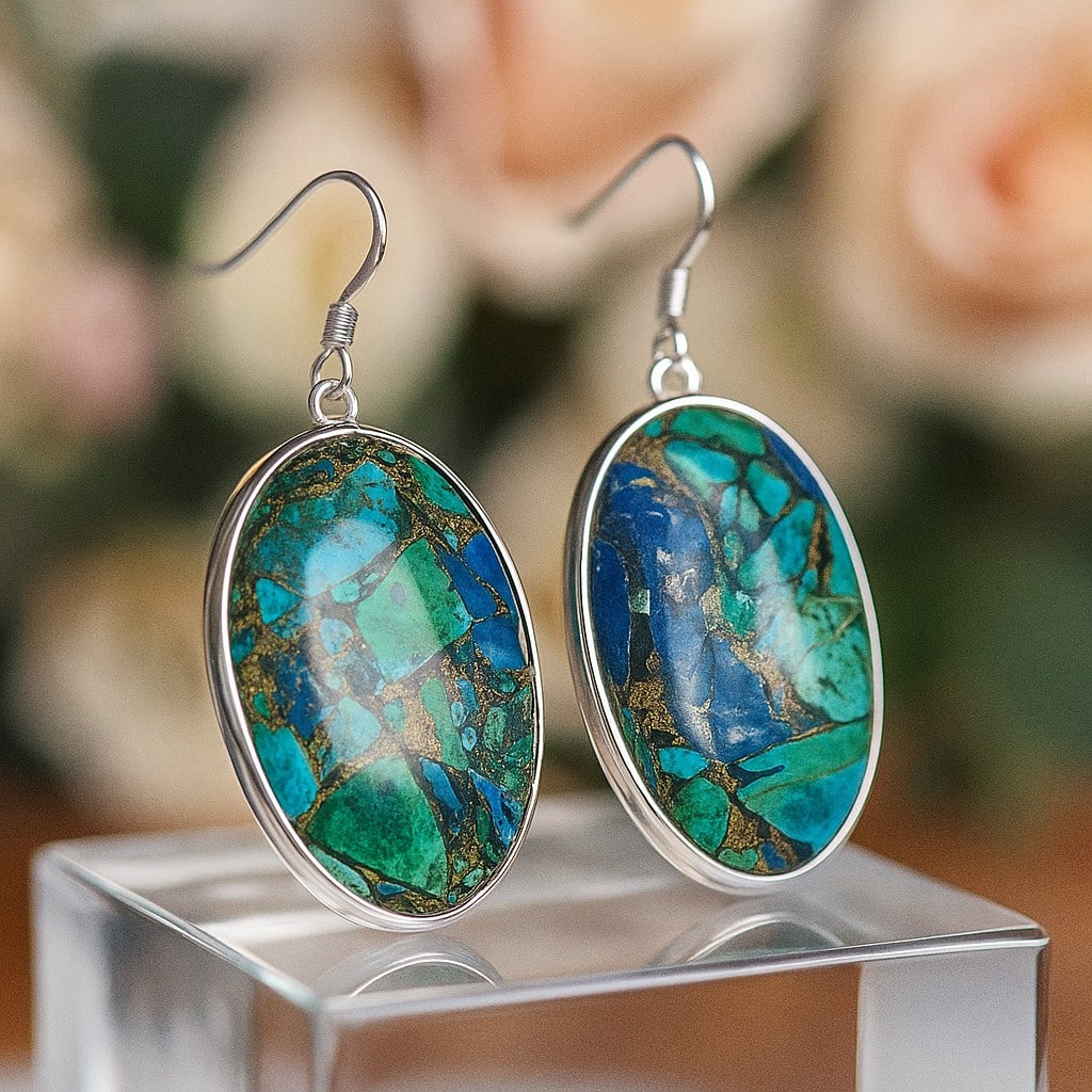 COPPER CHRYSOCOLLA 92.5 STERLING SILVER EARRING: COPPER CHRYSOCOLLA 92.5 STERLING SILVER EARRING Product Type : EARRING Main Stone : COPPER CHRYSOCOLLA Main Stone Shape : OVAL Main Stone Size : 35X23 MM Main Stone Color : MULTICOLOR Metal : STERLING