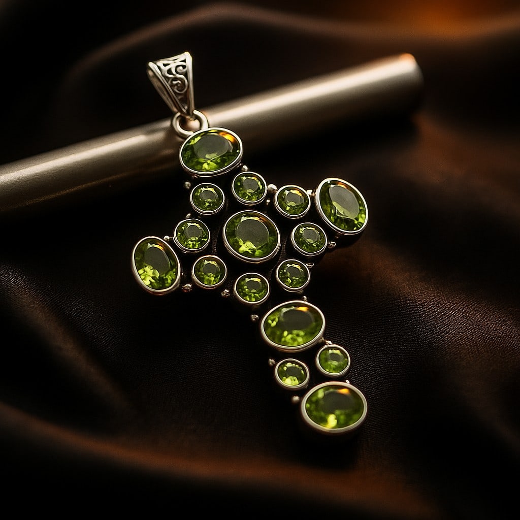PERIDOT CROSS CHARM 92.5 STERLING SILVER PENDANT: PERIDOT CROSS CHARM 92.5 STERLING SILVER PENDANT Product Type : PENDANT Main Stone : PERIDOT Main Stone Color : GREEN Metal : STERLING SILVER Metal Purity : 925 Pendant Size : 2.1" Inches Pendant Weig