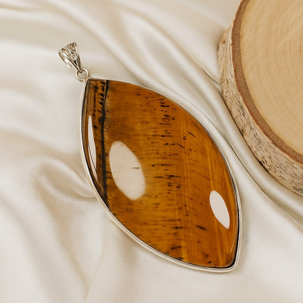 TIGER'S EYE 925 STERLING SILVER PENDANT: TIGER'S EYE 925 STERLING SILVER PENDANT Product Type : PENDANT Main Stone : TIGER'S EYE Main Stone Color : BROWN Metal : STERLING SILVER Metal Purity : 925 Pendant Size : 2.9" Inches Pendant Weight : 