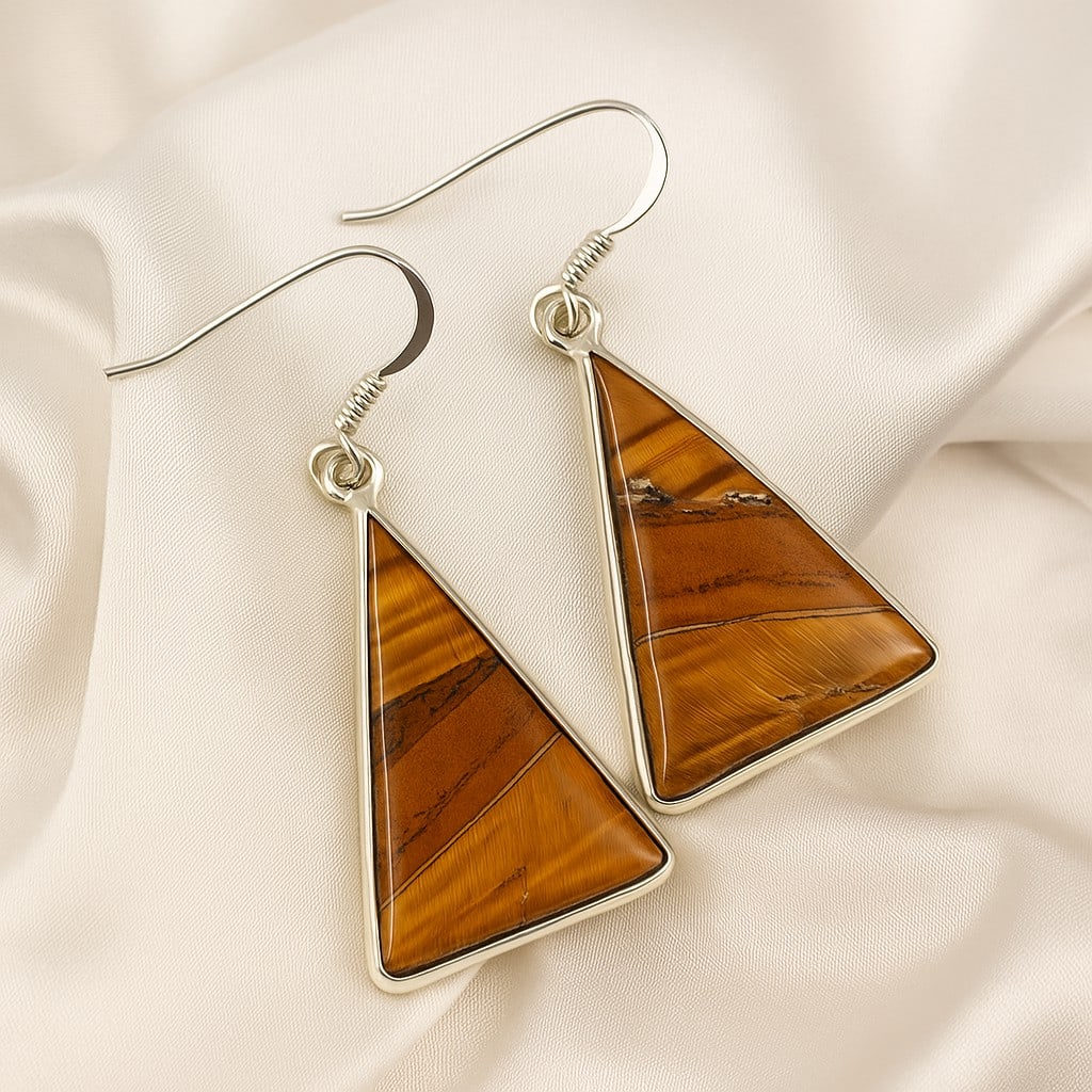 TIGER'S EYE 92.5 STERLING SILVER EARRING: TIGER'S EYE 92.5 STERLING SILVER EARRING Product Type : EARRING Main Stone : TIGER'S EYE Main Stone Shape : TRILLION Main Stone Size : 28X19 MM Main Stone Color : BROWN Metal : STERLING SILVER Metal P