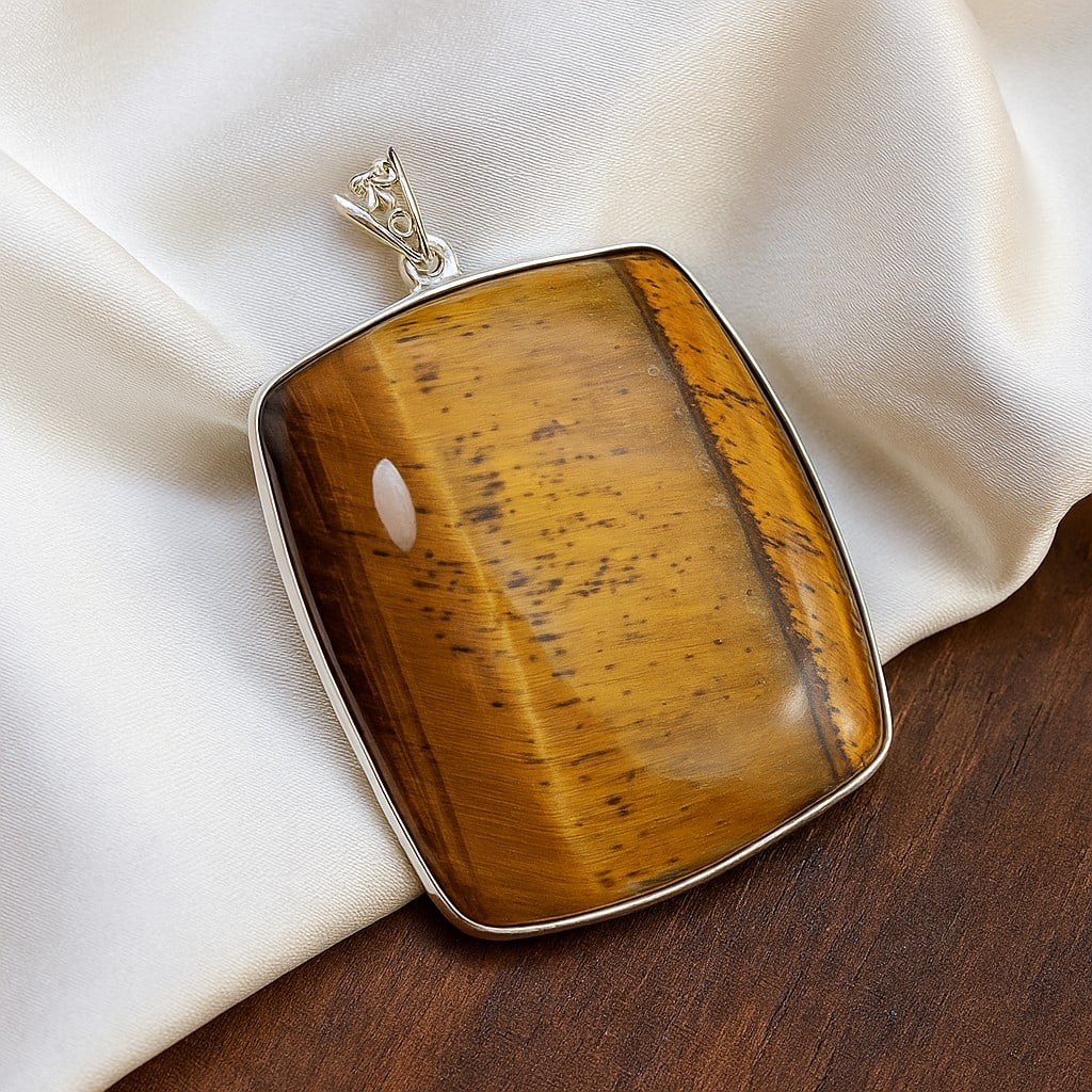 TIGER'S EYE 925 STERLING SILVER PENDANT: TIGER'S EYE 925 STERLING SILVER PENDANT Product Type : PENDANT Main Stone : TIGER'S EYE Main Stone Color : BROWN Metal : STERLING SILVER Metal Purity : 925 Pendant Size : 2.2" Inches Pendant Weight : 
