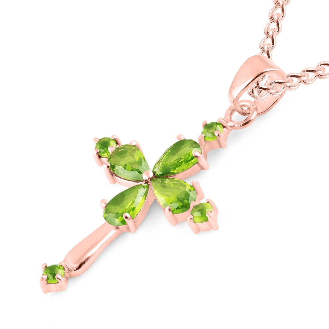 Natural Peridot 14 KT Rose Gold Pendant: Natural Peridot 14 KT Rose Gold Pendant Jewelry Type : Pendant Main Stone : Peridot Main Stone Shape & Size : Round 2 MM & Pear 5x3 MM Main Stone Color : Green