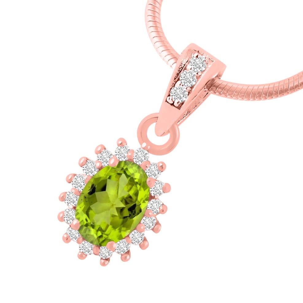 Natural Peridot & Diamond 14 KT Rose Gold Pendant: Natural Peridot & Diamond 14 KT Rose Gold Pendant Jewelry Type : Pendant Main Stone : Peridot & Diamond Main Stone Shape & Size : Oval 7x5 MM Main Stone Color : Green Diamond Shape & Size : Round 1