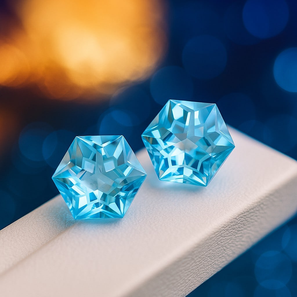 Natural Blue Topaz Heaxagon Faceted Cut 16.5 Cts. Pair: Natural Blue Topaz Heaxagon Faceted Cut 16.5 Cts. Pair Blue Topaz Shape : Heaxagon Size : 12x12x8 MM Color : Blue Type : Faceted Cut Quantity : 2 Piece Weight : 16.5 Carat