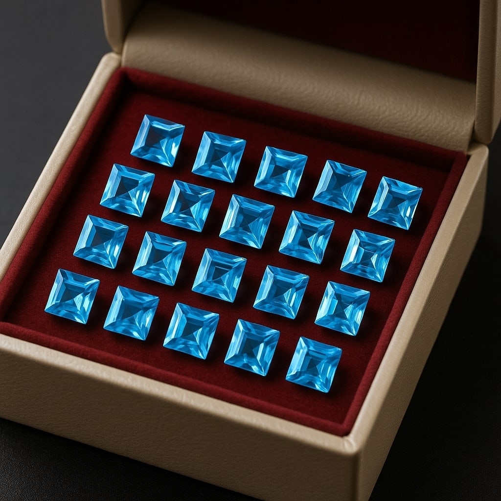 Swiss Blue Topaz 3 MM Square Faceted Cut 100 Pieces: Natural Swiss Blue Topaz 3 MM Square Faceted Cut 100 Pieces Gemstone : Swiss Blue Topaz Shape : Square Size : 3 MM Color : Blue Type : Faceted Cut Quantity : 100 Pieces Wei