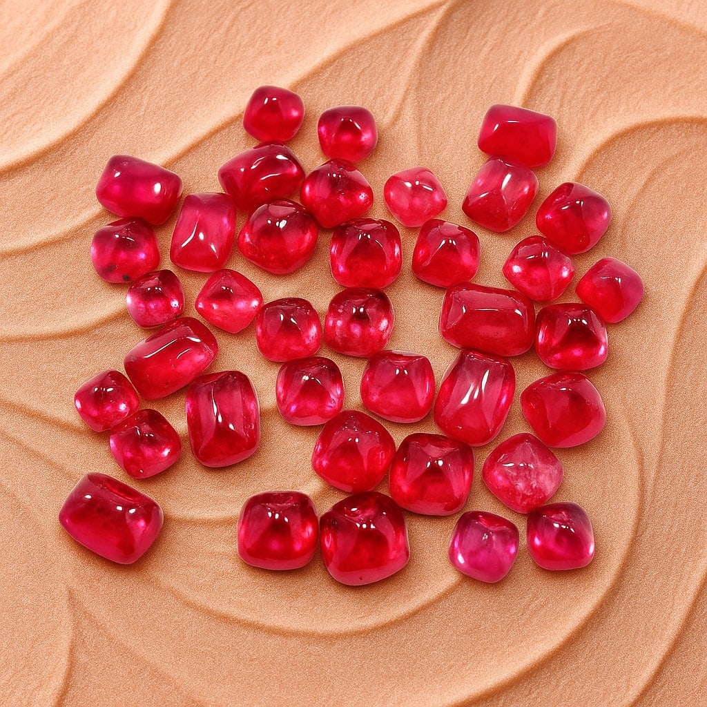Ruby Cushion Sugar Loaf Cabochon 88.40 Cts Gemstone: Ruby Cushion Sugar Loaf Cabochon 88.40 Cts Gemstone Gemstone : Ruby Shape : Cushion Size : 6 to 8 MM Color : Red Type : Sugar Loaf Cabochon Quantity : 38 Pieces Weight : </