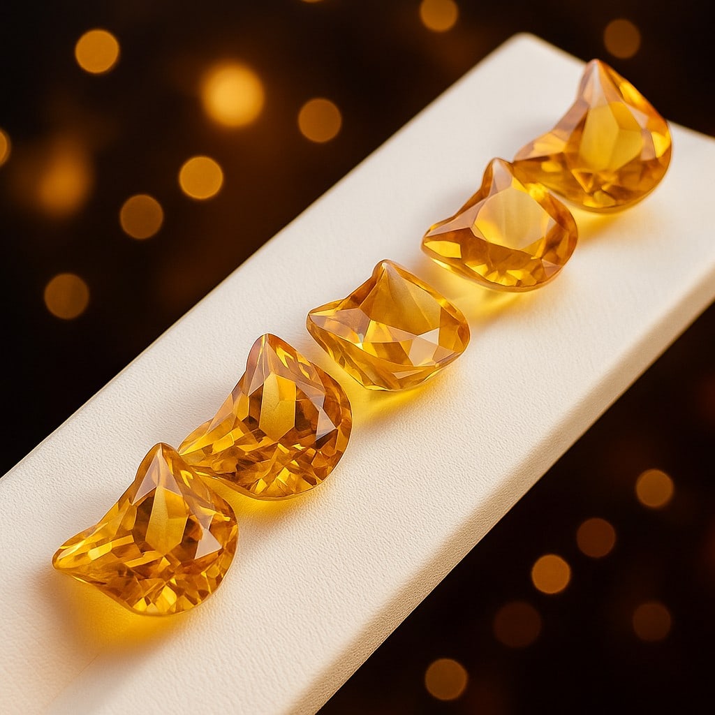 Natural Golden Citrine Kitty Head Cut 5 Piece Gemstone Lot: Natural Golden Citrine Kitty Head Cut 5 Piece Gemstone Lot Citrine Shape : Kitty Head Size : 11x12.5x9.5 MM Color : Golden Yellow Type : Cut Quantity : 5 Piece Weight : 37