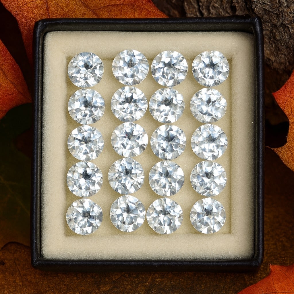 White Topaz 5 MM Round Faceted Cut 50 Pieces: Natural White Topaz 5 MM Round Faceted Cut 50 Pieces Gemstone : White Topaz Shape : Round Size : 5 MM Color : White (Colorless) Type : Faceted Cut Quantity : 50 Pieces Weig