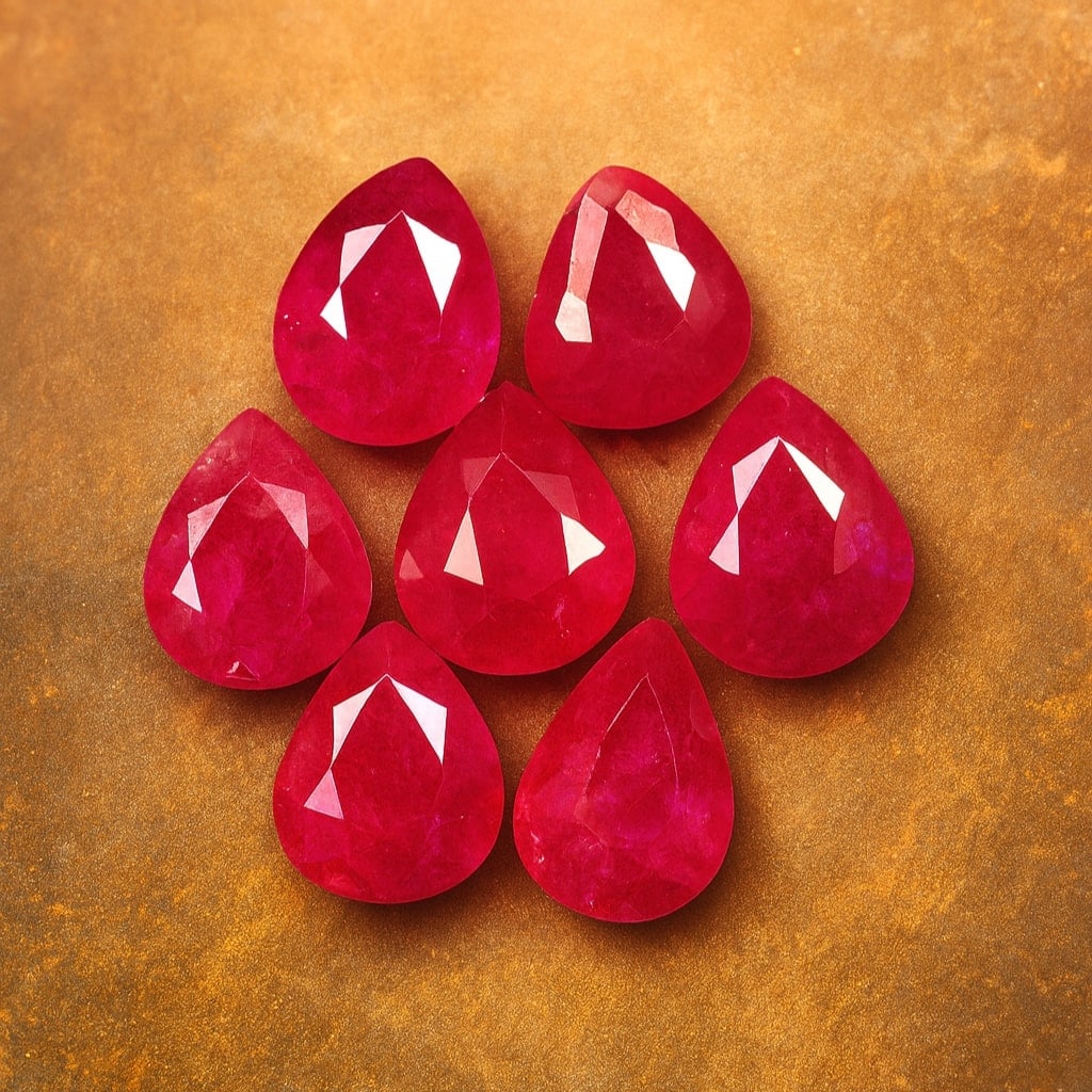 Ruby 7x5 MM Pear Faceted Cut 20 Pieces: Natural Ruby 7x5 MM Pear Faceted Cut 20 Pieces Gemstone : Ruby Shape : Pear Size : 7x5 MM Color : Red Type : Faceted Cut Quantity : 20 Pieces Weight : 19.2 Carats