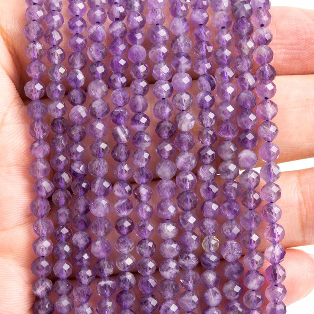 Natural Amethyst Gemstone 3 mm Round Micro Faceted Beads 10 Strand: Natural Amethyst Gemstone 3 mm Round Micro Faceted Beads 10 Strand Product Type : Loose Beads Strand Gemstone : Amethyst Beads Shape : Round Micro Faceted Beads Size : 3 mm Quantity : 10 L
