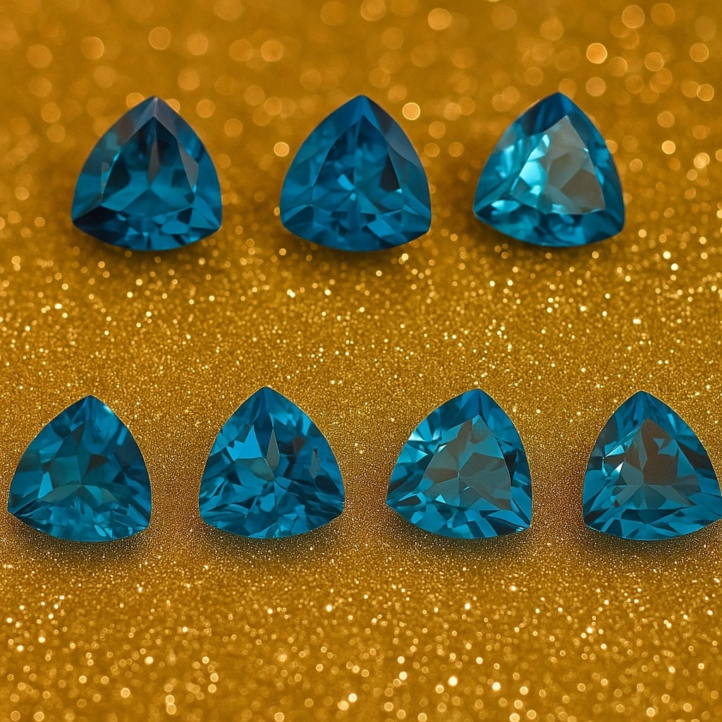 London Blue Topaz 6 MM Trillion Faceted Cut 15 Pieces: Natural London Blue Topaz 6 MM Trillion Faceted Cut 15 Pieces Gemstone : London Blue Topaz Shape : Trillion Size : 6 MM Color : London Blue Type : Faceted Cut Quantity : 15 Piece