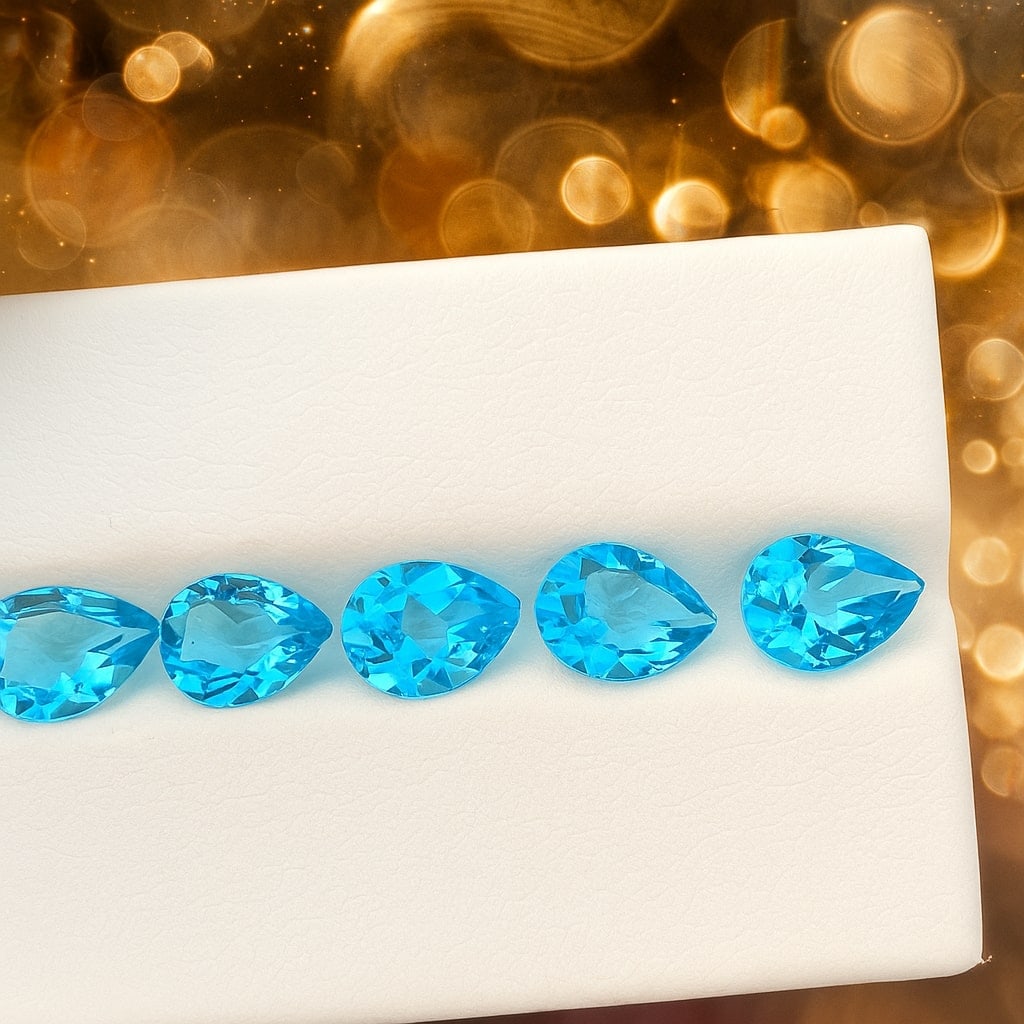 Swiss Blue Topaz 9x6 MM Pear Faceted Cut 10 Pieces: Natural Swiss Blue Topaz 9x6 MM Pear Faceted Cut 10 Pieces Gemstone : Swiss Blue Topaz Shape : Pear Size : 9x6 MM Color : Blue Type : Faceted Cut Quantity : 10 Pieces Weigh