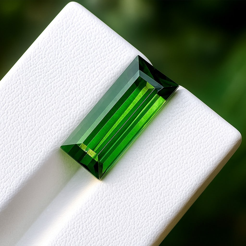 Natural Green Tourmaline Baguette Faceted Cut 6.25 Cts. Gemstone: Natural Green Tourmaline Baguette Faceted Cut 6.25 Cts. Gemstone Green Tourmaline Shape : Baguette Size : 16x6.5x6 MM Color : Green Type : Faceted Cut Quantity : 1 Piece Weight