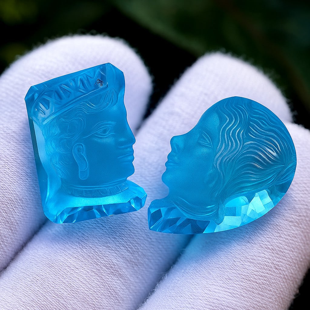 Natural Blue Topaz King & Queen Carved Hand Cut Pair: Natural Blue Topaz King & Queen Carved Hand Cut Pair Blue Topaz Shape : King & Queen Carved Size : 18x13x9 MM & 20x15x11 MM Color : Blue Type : Hand Cut Quantity : 2 Piece W