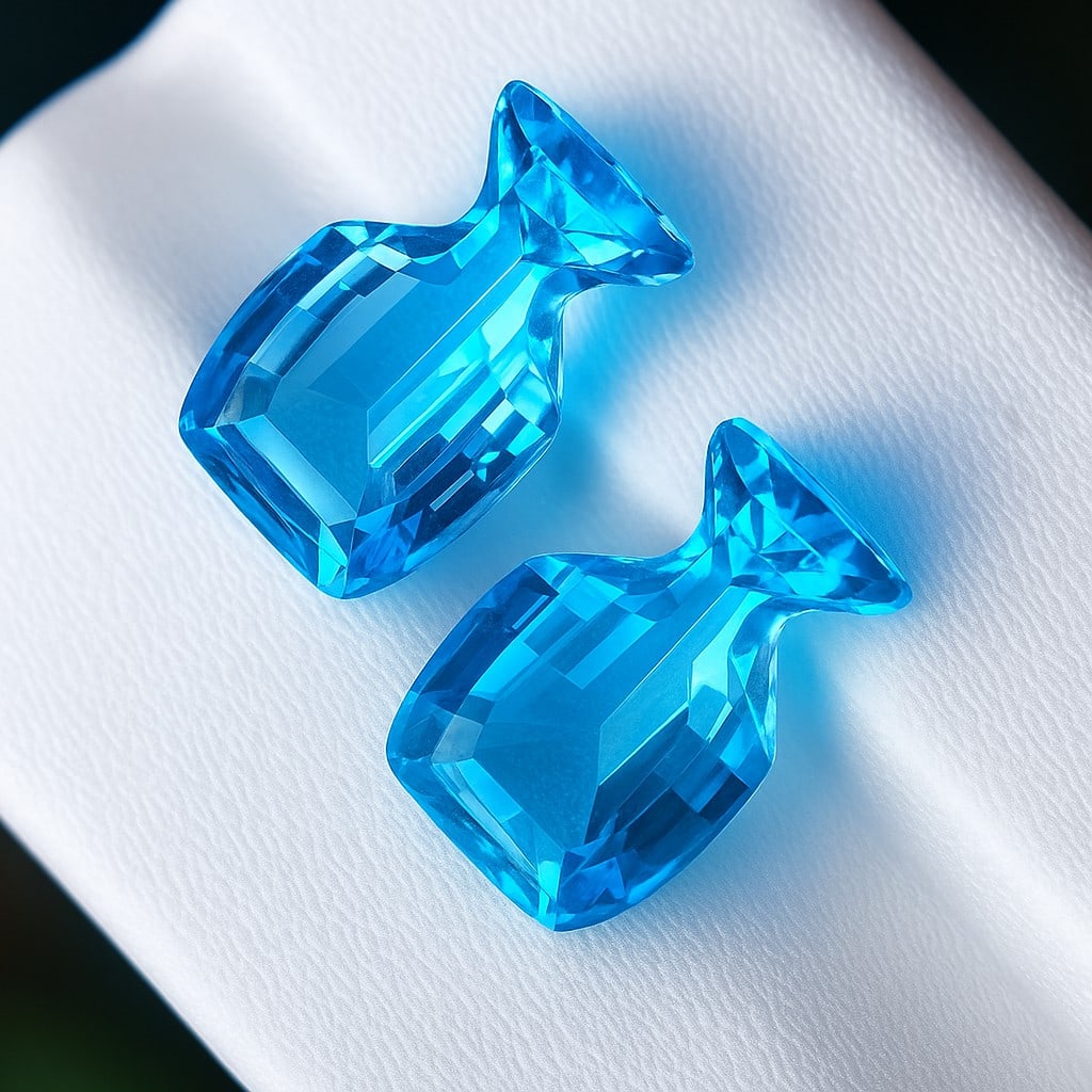 Natural Swiss Blue Topaz Bottle Shape Hand Cut 7.8 Cts. Pair: Natural Swiss Blue Topaz Bottle Shape Hand Cut 7.8 Cts. Pair Swiss Blue Topaz Shape : Bottle Shape Size : 12x8x6 MM Color : Blue Type : Hand Cut Quantity : 2 Piece Weight : <