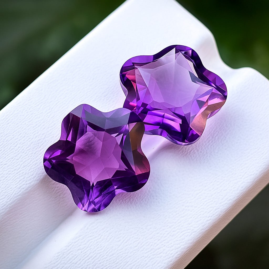 Natural Amethyst Flower Shaped Cut 14.25 Cts. Gemstone Pair: Natural Amethyst Flower Shaped Cut 14.25 Cts. Gemstone Pair Amethyst Shape : Flower Shaped Size : 13x13x8 MM Color : Purple Type : Cut Quantity : 2 Piece Weight : 14.25 Ca