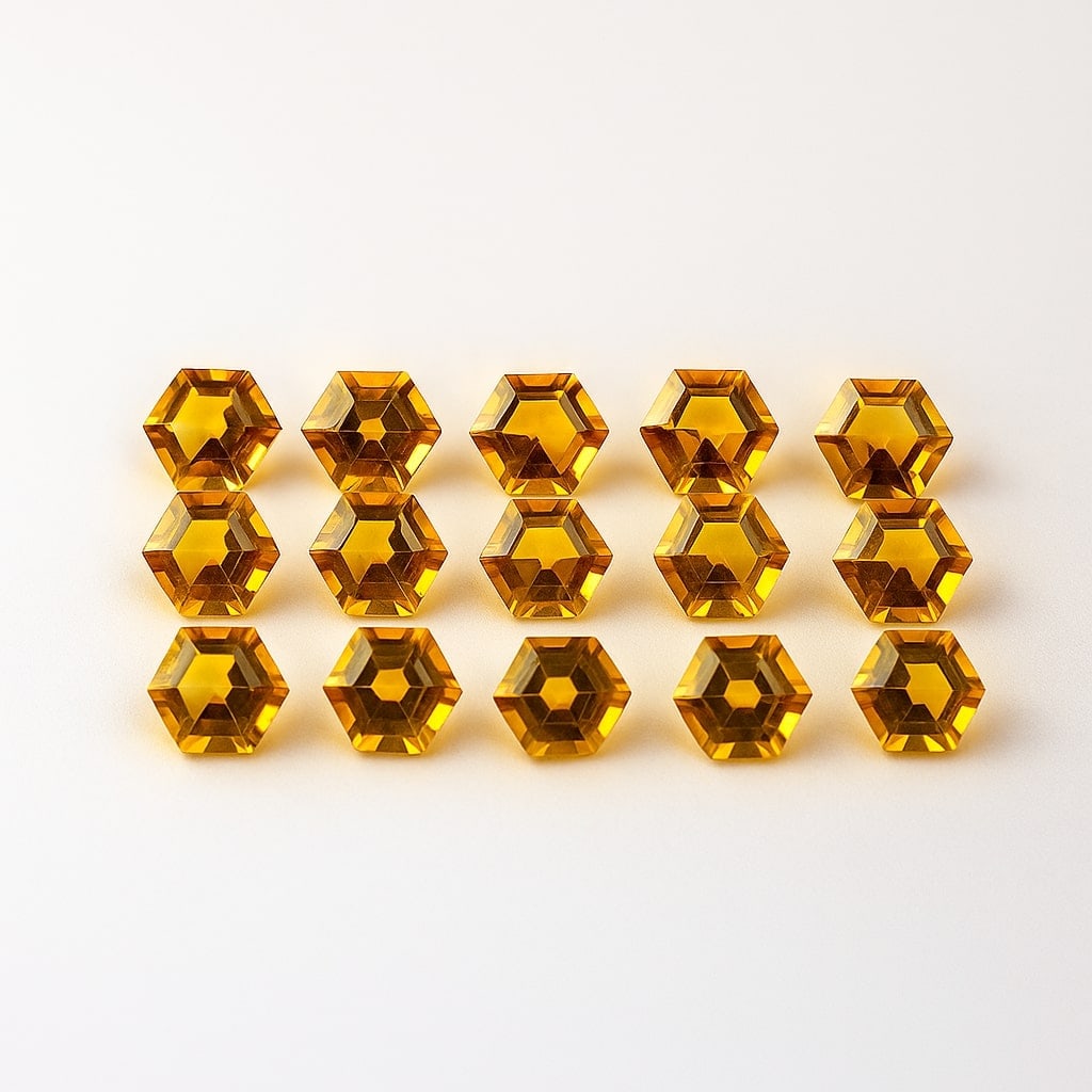 Natural Citrine 5 MM Hexagon Faceted Cut 15 Pieces Lot: Natural Citrine 5 MM Hexagon Faceted Cut 15 Pieces Lot Gemstone : Citrine Shape : Hexagon Size : 5x5x3 MM Color : Golden Type : Faceted Cut Quantity : 15 Piece Weight : 11