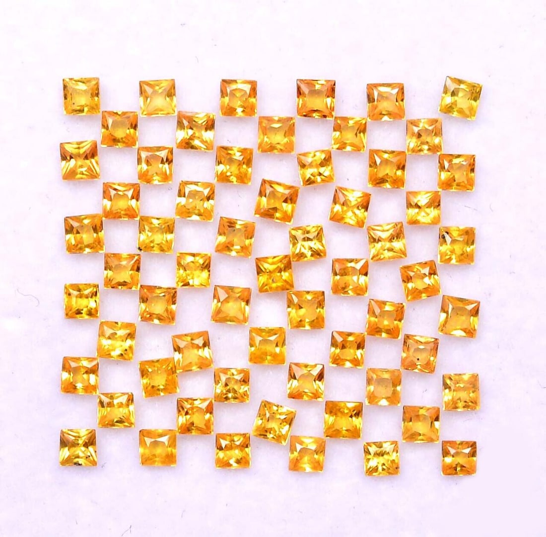 Yellow Sapphire 3.00 MM Princess Faceted Cut 100 Pieces: Natural Yellow Sapphire 3.00 MM Princess Faceted Cut 100 Pieces Gemstone : Yellow Sapphire Shape : Princess Size : 3.00 MM Color : Yellow Type : Faceted Cut Quantity : 100 Pieces
