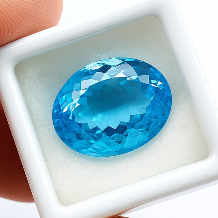 Natural Blue Topaz Oval Faceted Cut 23.2 Carats Gemstone: Natural Blue Topaz Oval Faceted Cut 23.2 Carats Gemstone Gemstone : Blue Topaz Stone Shape : Oval Stone Cutting Type : Faceted Cut Stone Weight : 23.2 Carats Stone Measurement : 18x14x10 M
