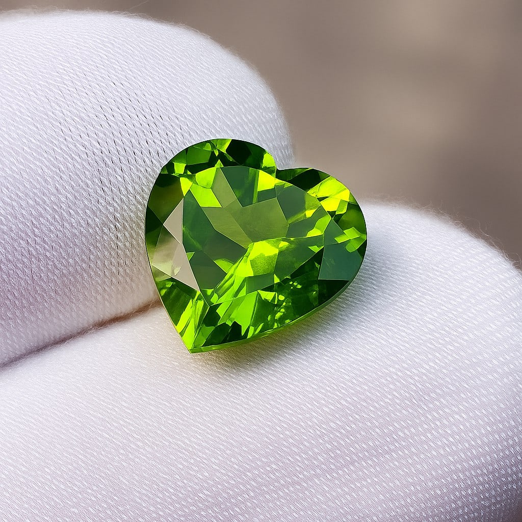 Natural Peridot Heart Faceted Cut 4.7 Cts. Gemstone: Natural Peridot Heart Faceted Cut 4.7 Cts. Gemstone Gemstone : Peridot Shape : Heart Size : 11.5X11.5X6.5 MM Color : Green Type : Faceted Cut Quantity : 1 Pieces Weight : </