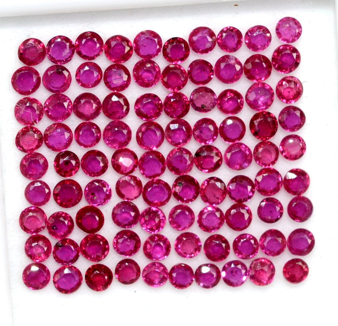 Ruby 2 MM Round Faceted Cut 50 Pieces: Natural Ruby 2 MM Round Faceted Cut 50 Pieces Gemstone : Ruby Shape : Round Size : 2 MM Color : Red Type : Faceted Cut Quantity : 50 Pieces Weight : 5 Carats Coun