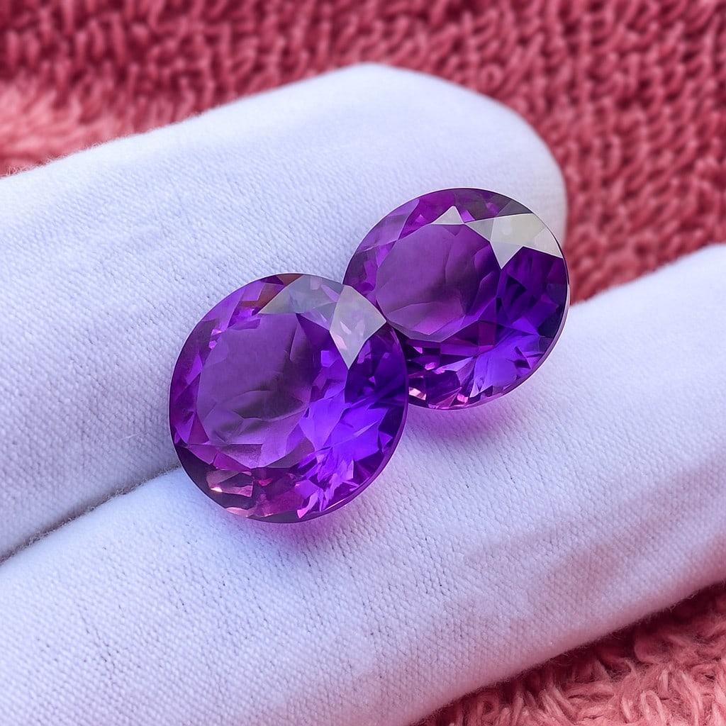 Natural Amethyst Round Concave Cut 25.5 Cts. Gemstone Pair: Natural Amethyst Round Concave Cut 25.5 Cts. Gemstone Gemstone : Amethyst Shape : Round Size : Stone 1 : 15.5X15.5X11 MM , Stone 2 : 15.5x15.5x10.5 MM Color : Purple Type : Concave Cut <