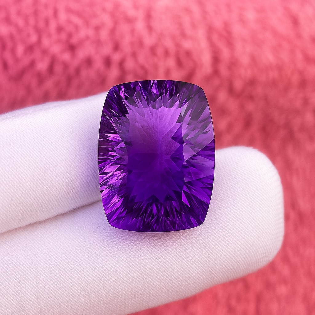 Natural Amethyst Cushion Concave Cut 34.05 Cts. Gemstone: Natural Amethyst Cushion Concave Cut 34.05 Cts. Gemstone Gemstone : Amethyst Shape : Cushion Size : 24X18X12.5 MM Color : Purple Type : Concave Cut Quantity : 1 Pieces Weigh
