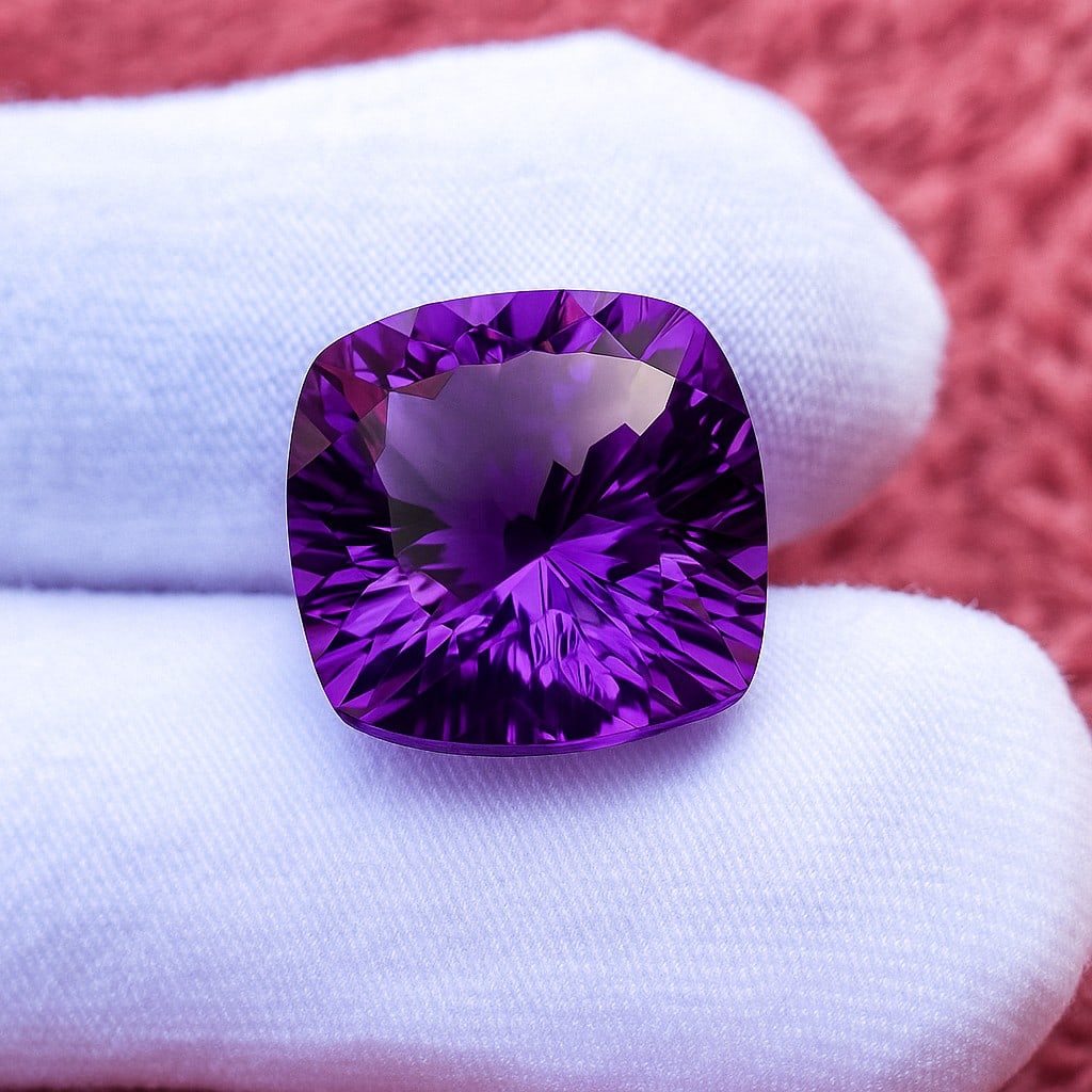 Natural Amethyst Cushion Concave Cut 22.4 Cts. Gemstone: Natural Amethyst Cushion Concave Cut 22.4 Cts. Gemstone Gemstone : Amethyst Shape : Cushion Size : 17.5X17.5X13.5 MM Color : Purple Type : Concave Cut Quantity : 1 Pieces We