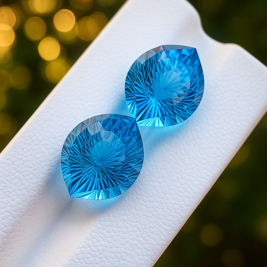 Natural Swiss Blue Topaz Eye Carved Hand Cut 17.15 Cts. Pair: Natural Swiss Blue Topaz Eye Carved Hand Cut 17.15 Cts. Pair Swiss Blue Topaz Shape : Eye Carved Size : 13x10x9.5 MM Color : Blue Type : Hand Cut Quantity : 2 Piece Weight :