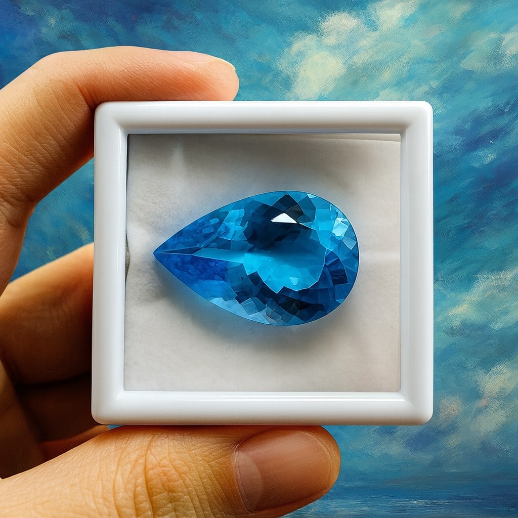 Natural Blue Topaz Pear Faceted Cut 48.9 Carats Gemstone: Natural Blue Topaz Pear Faceted Cut 48.9 Carats Gemstone Gemstone : Blue Topaz Stone Shape : Pear Stone Cutting Type : Faceted Cut Stone Weight : 48.9 Carats Stone Measurement : 32x21x12.5